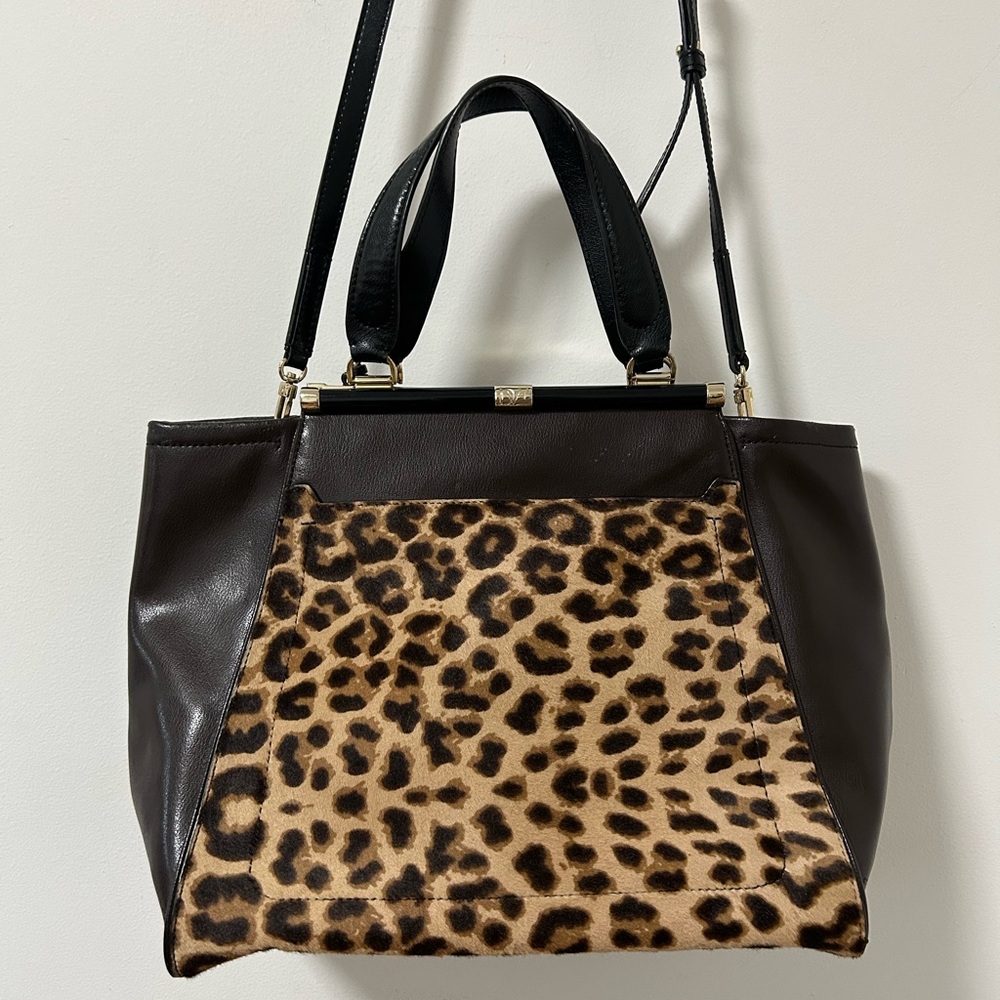 DVF Diane Von Furstenberg Leopard Print Brown Leather Tote Bag‎ Calf Hair